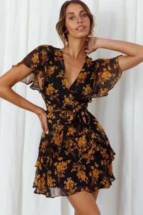 Kerry Layered Angel Sleeve Dress Black/Orange Flower