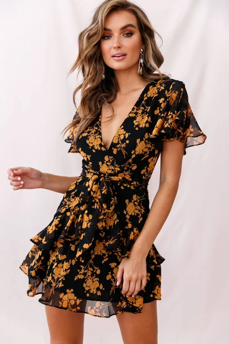 Kerry Layered Angel Sleeve Dress Black/Orange Flower