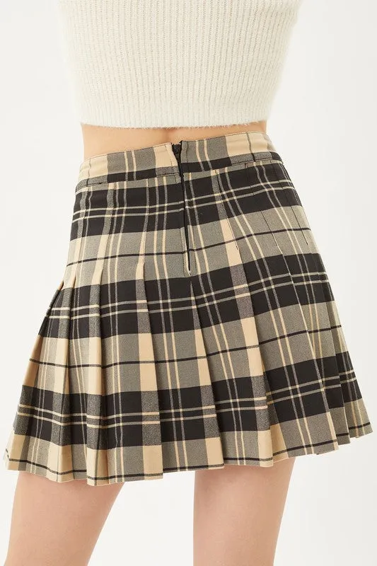 Khaki Plaid Print Pleated Skirt