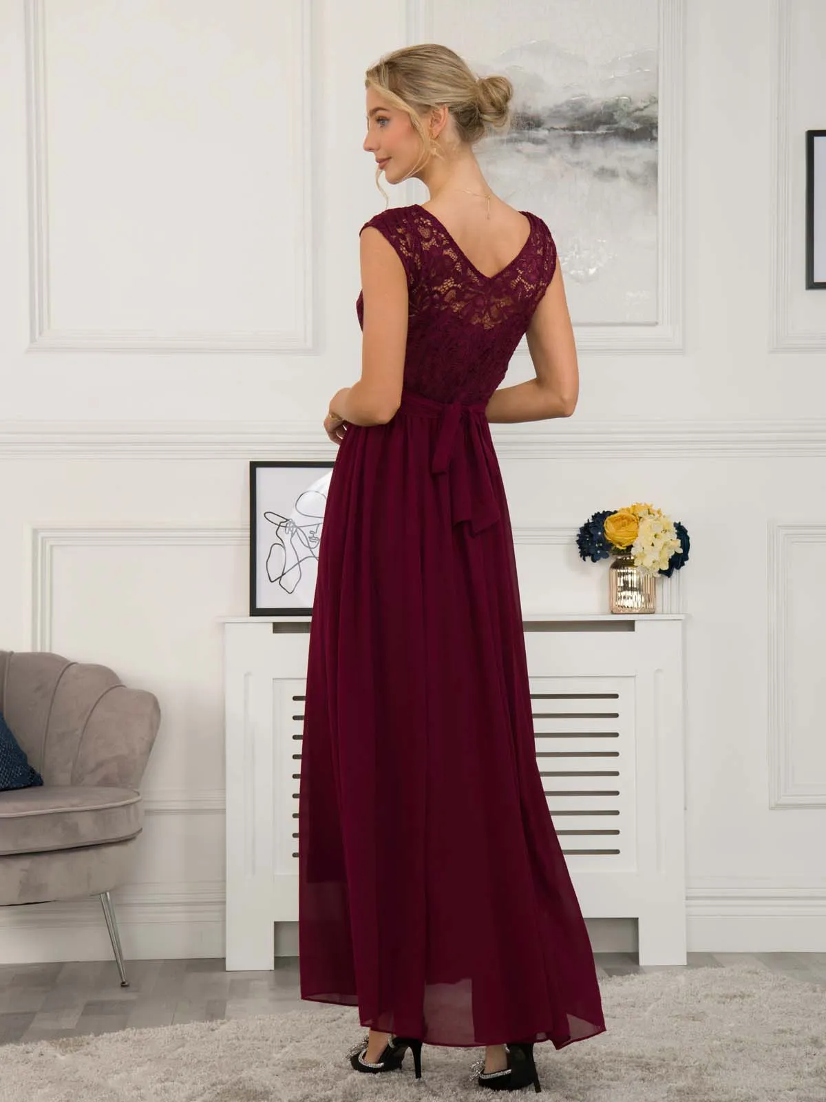 Lace Bodice Chiffon Maxi Bridesmaid Dress, Burgundy