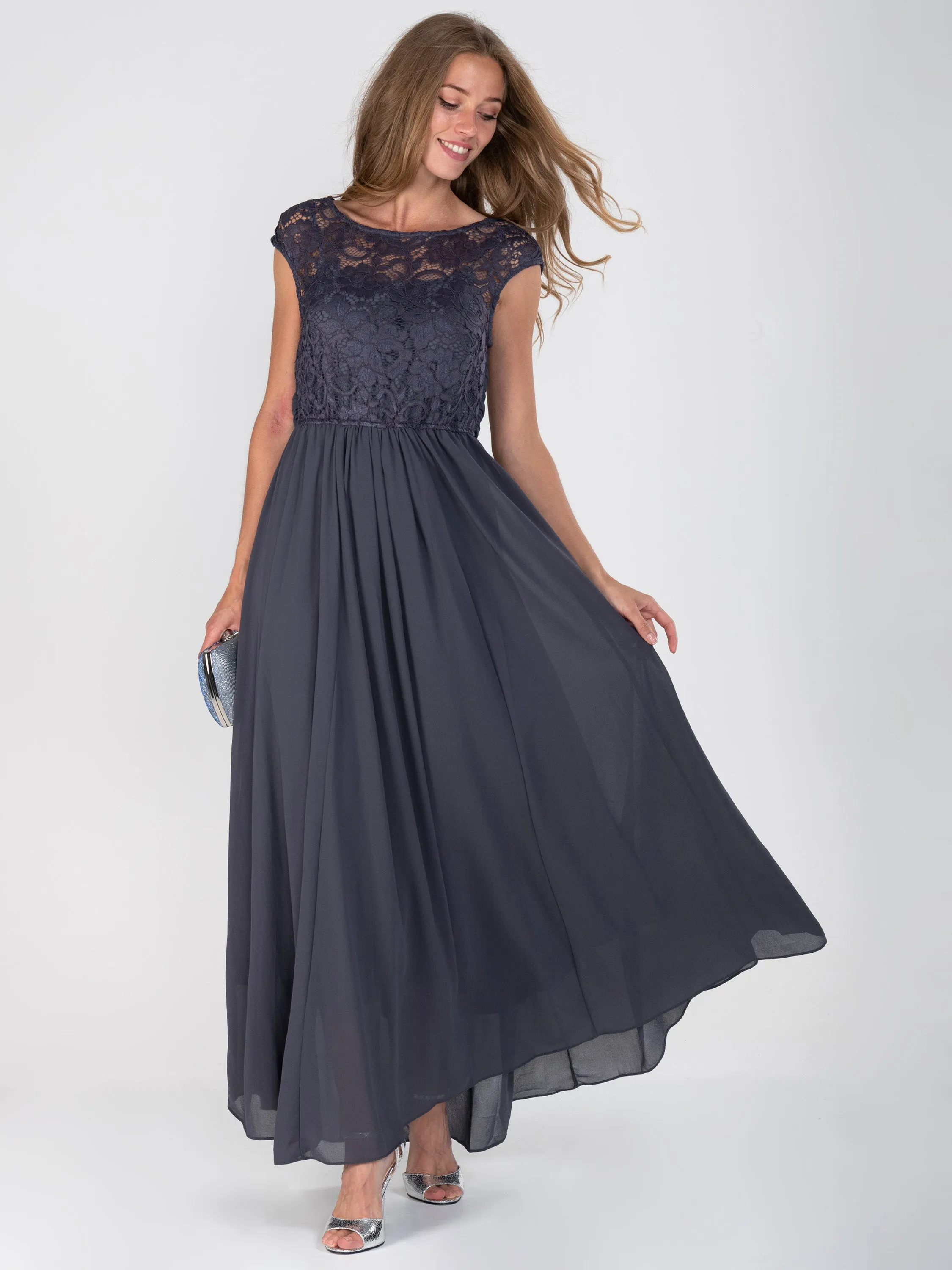 Lace Bodice Chiffon Maxi Bridesmaid Dress, Dark Grey