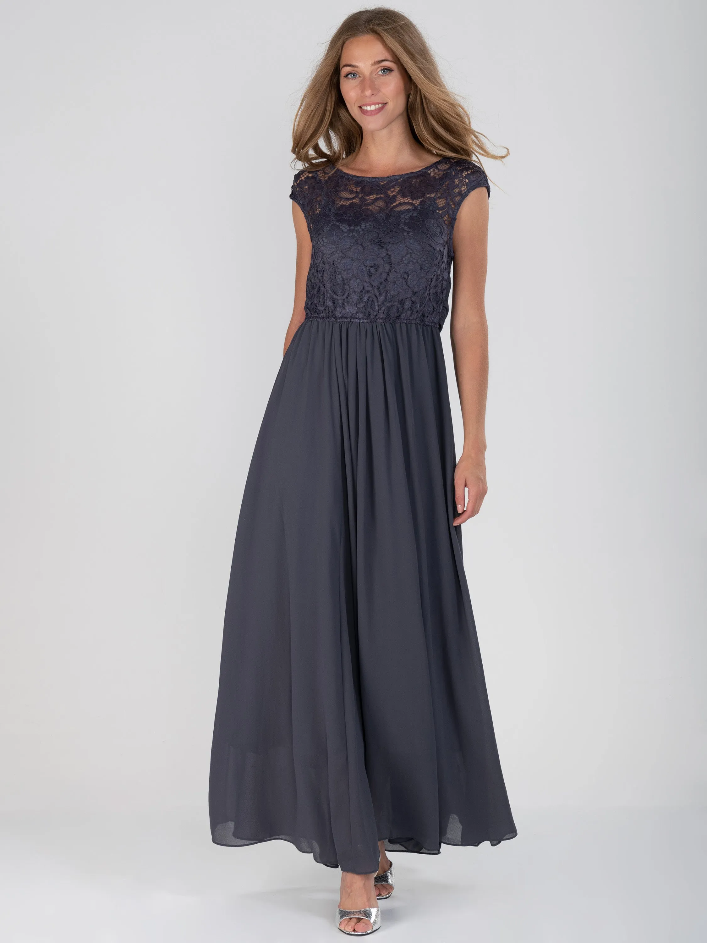 Lace Bodice Chiffon Maxi Bridesmaid Dress, Dark Grey