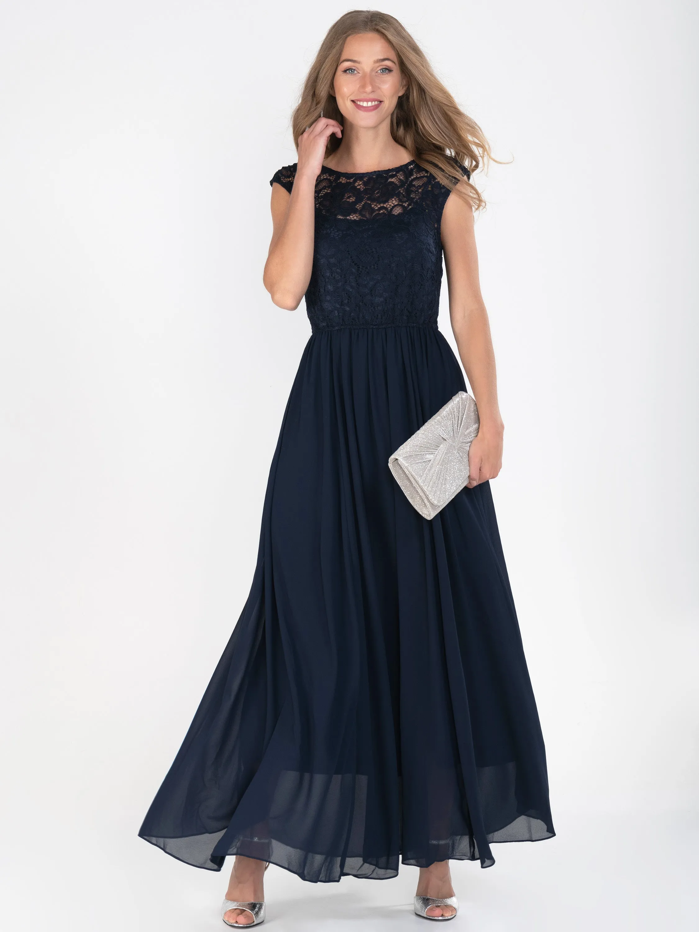 Lace Bodice Chiffon Maxi Bridesmaid Dress, Navy