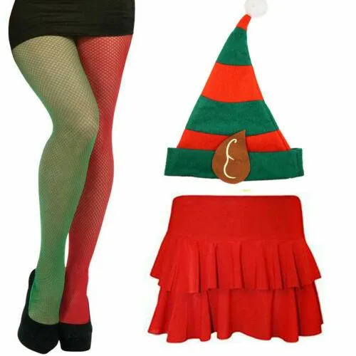 Ladies Christmas Red Rara Skirt Fishnet Tights Elf Hat Xmas Fancy Dress