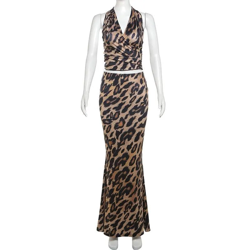 Leopard print halter ruched backless maxi skirt set