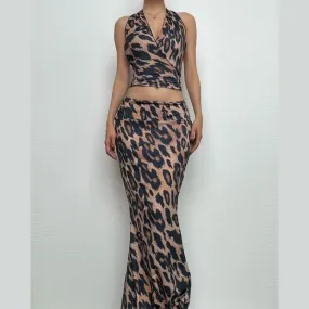 Leopard print halter ruched backless maxi skirt set