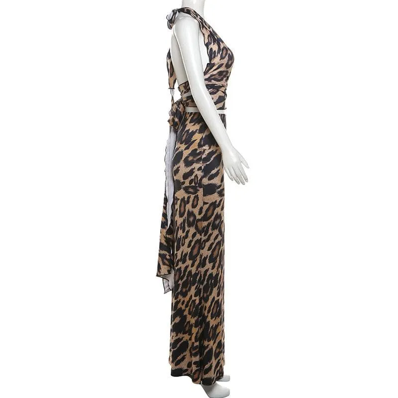 Leopard print halter ruched backless maxi skirt set