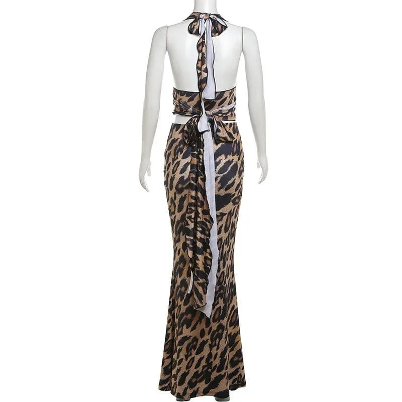 Leopard print halter ruched backless maxi skirt set