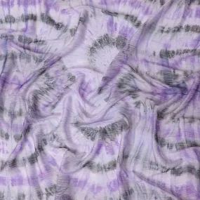 Light lavender synthetic chiffon fabric having tie and die print with metallic lurex in abstract design-D10337