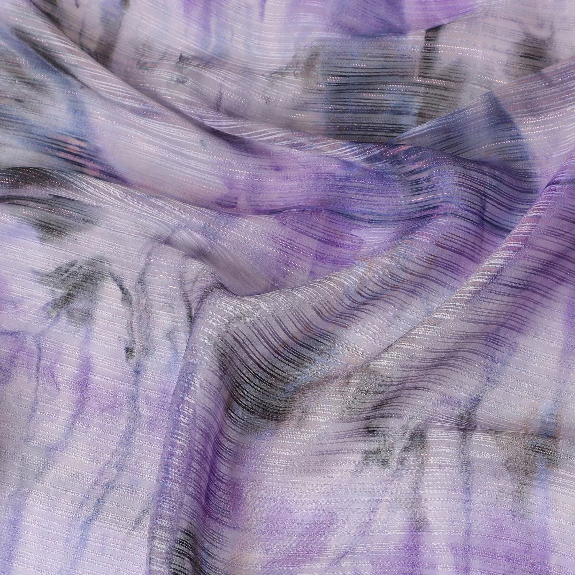 Light lavender synthetic chiffon fabric having tie and die print with metallic lurex in abstract design-D10337