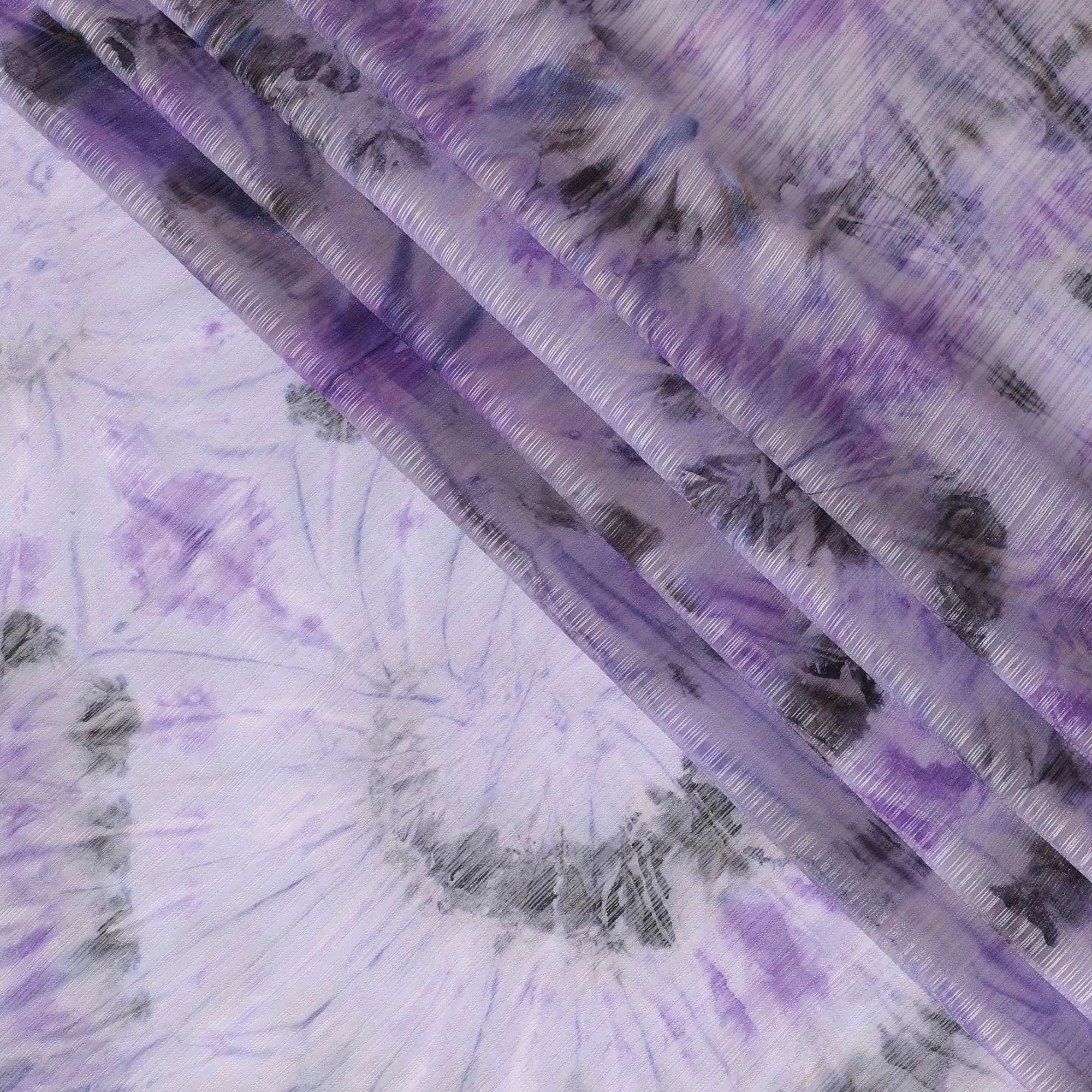 Light lavender synthetic chiffon fabric having tie and die print with metallic lurex in abstract design-D10337