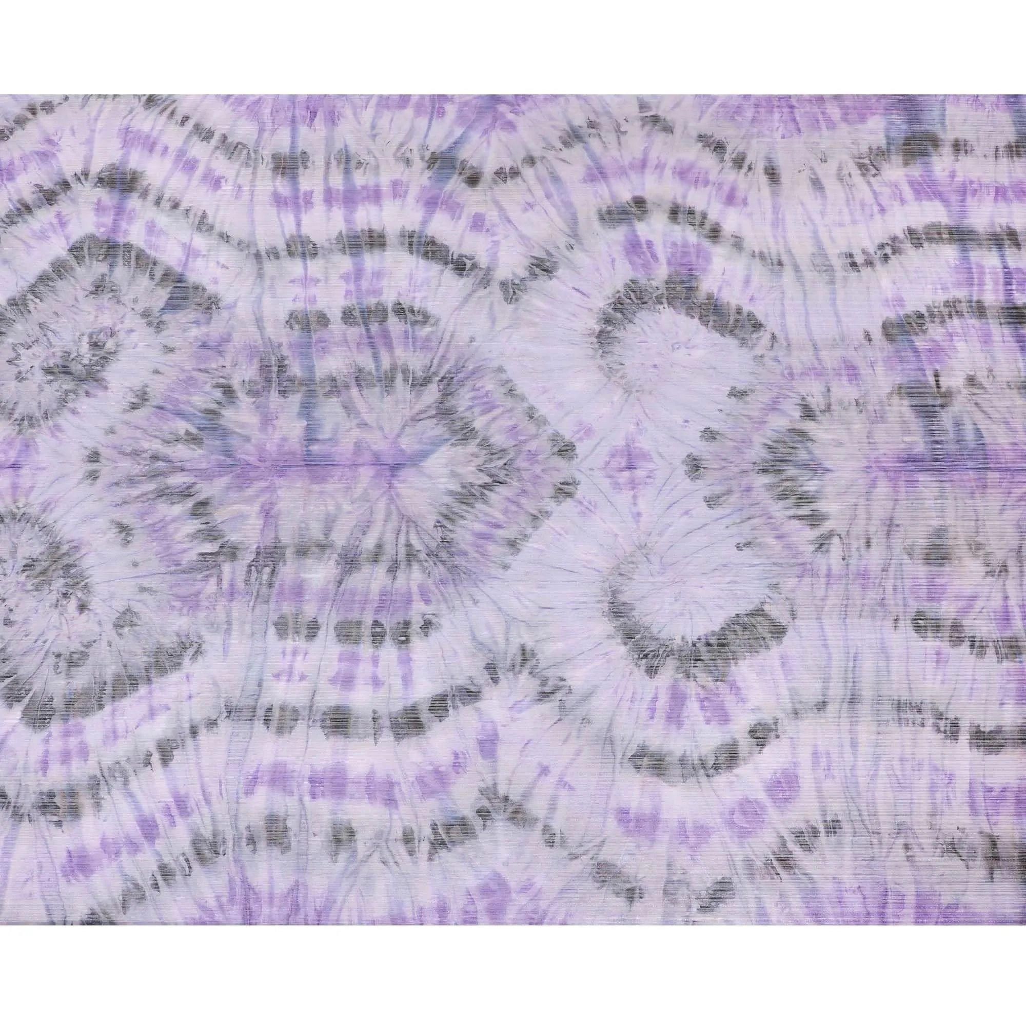 Light lavender synthetic chiffon fabric having tie and die print with metallic lurex in abstract design-D10337