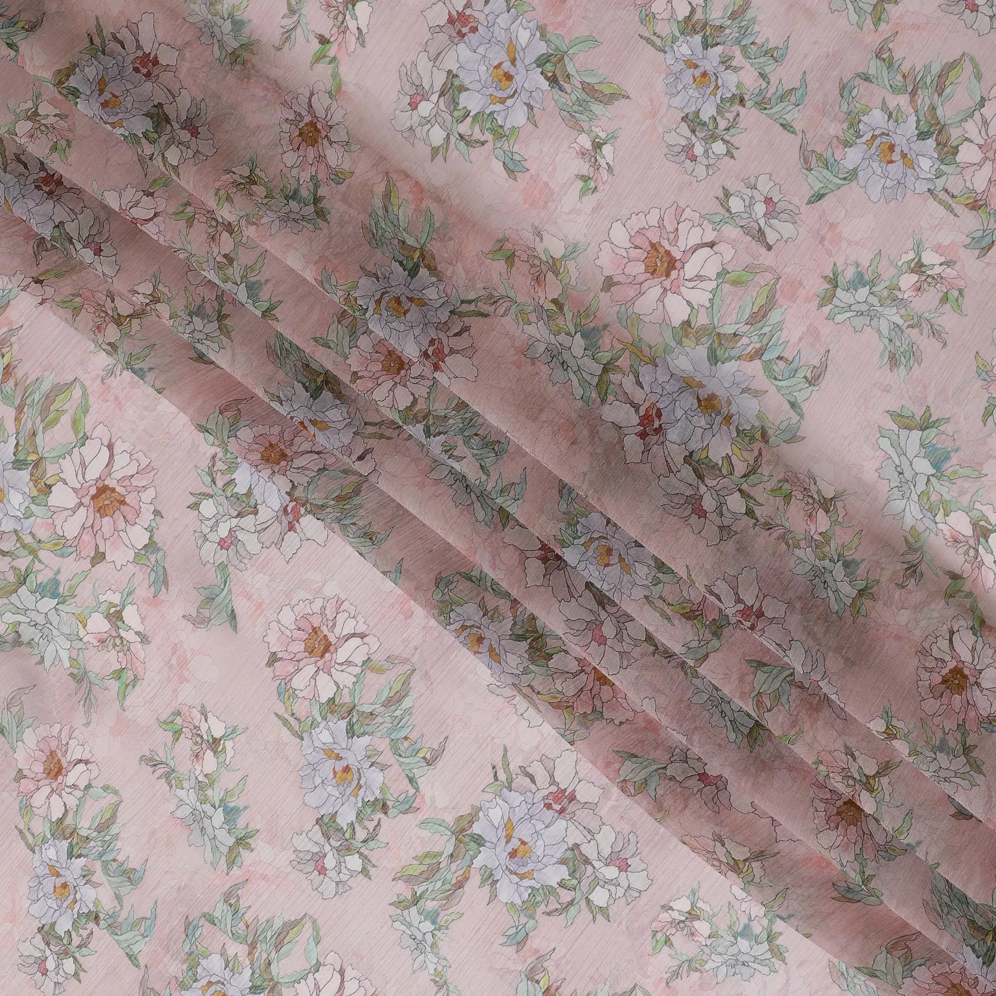 Light pink Premium pure wrinkle silk chiffon fabric with multicolor print in floral design-D17009