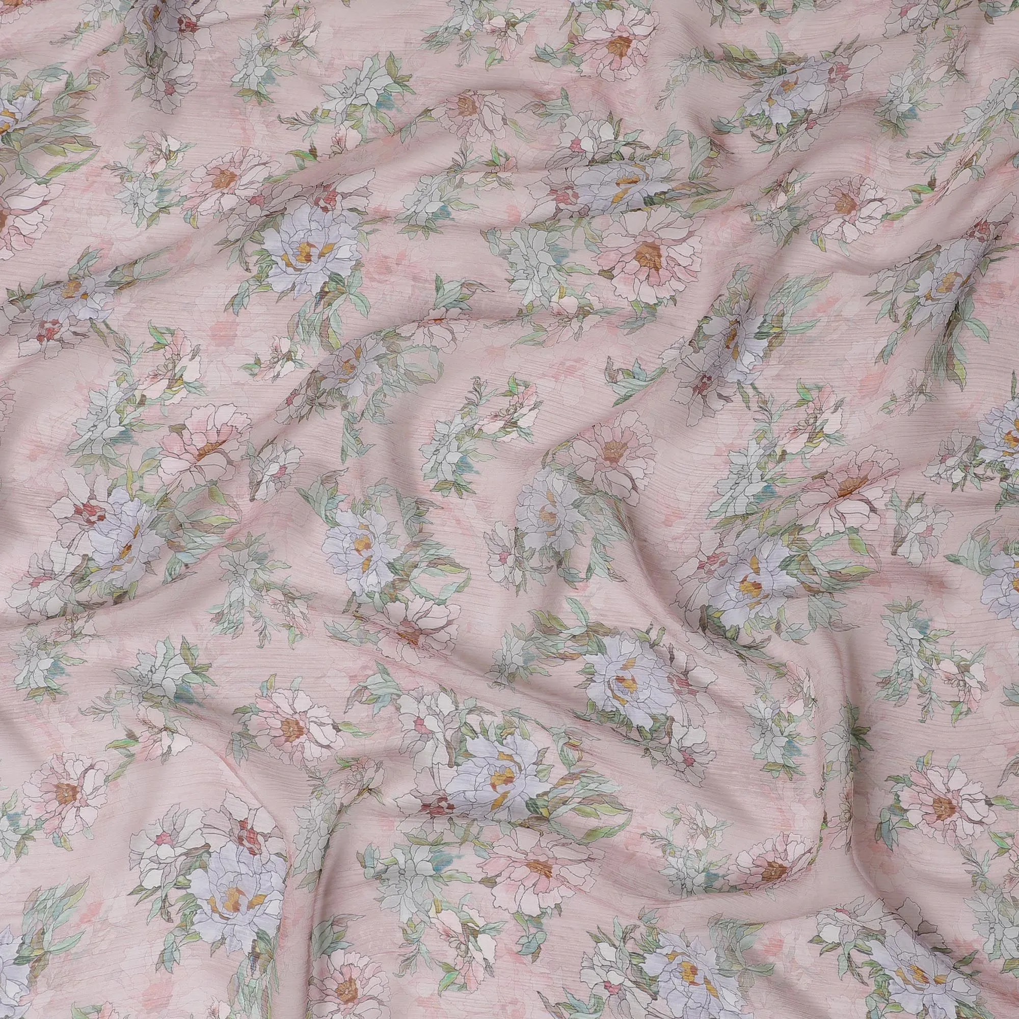 Light pink Premium pure wrinkle silk chiffon fabric with multicolor print in floral design-D17009