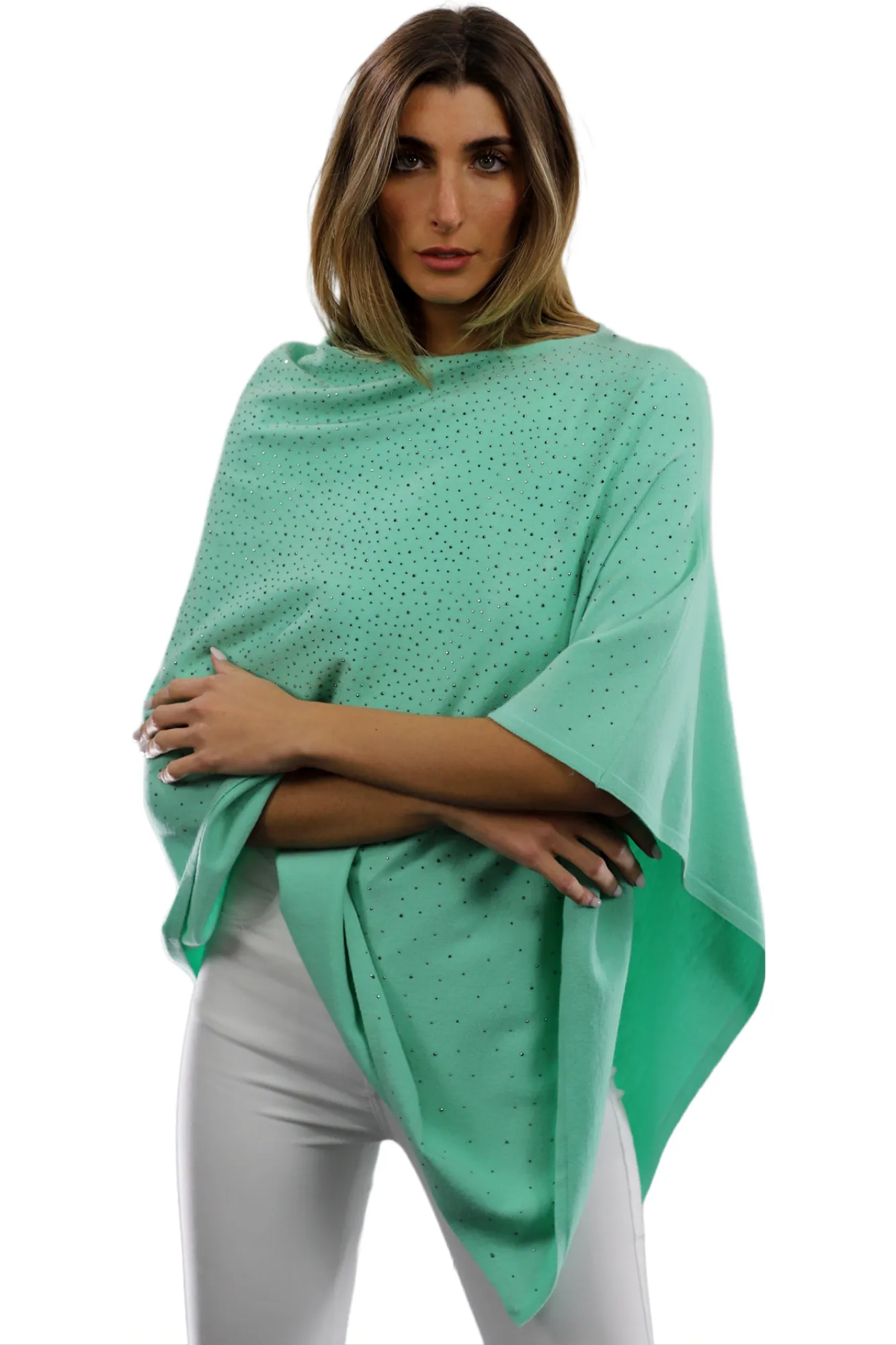 Light Weight Poncho with Embellishments - Green