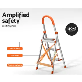 Lightweight Foldable 3 Step Ladder, Non-Slip, Aluminium - Giantz