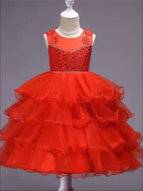 Little Lady In Red Layered Ruffle Formal Dress