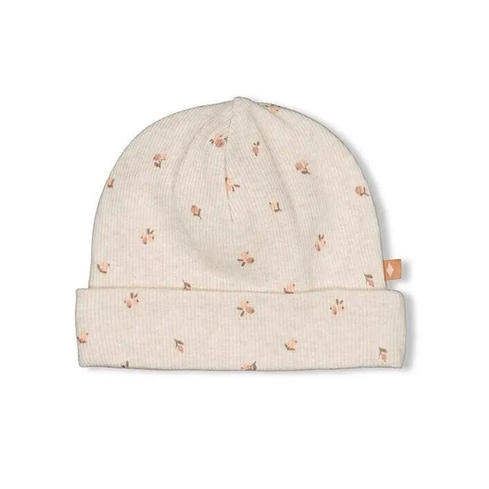 LITTLE ROSEBUD - Ribbed Knit Allover Print Soft Bonnet