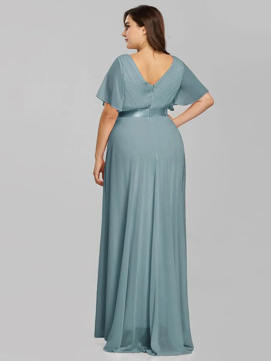 Long Empire Waist Evening Dress with Short Flutter Sleeves