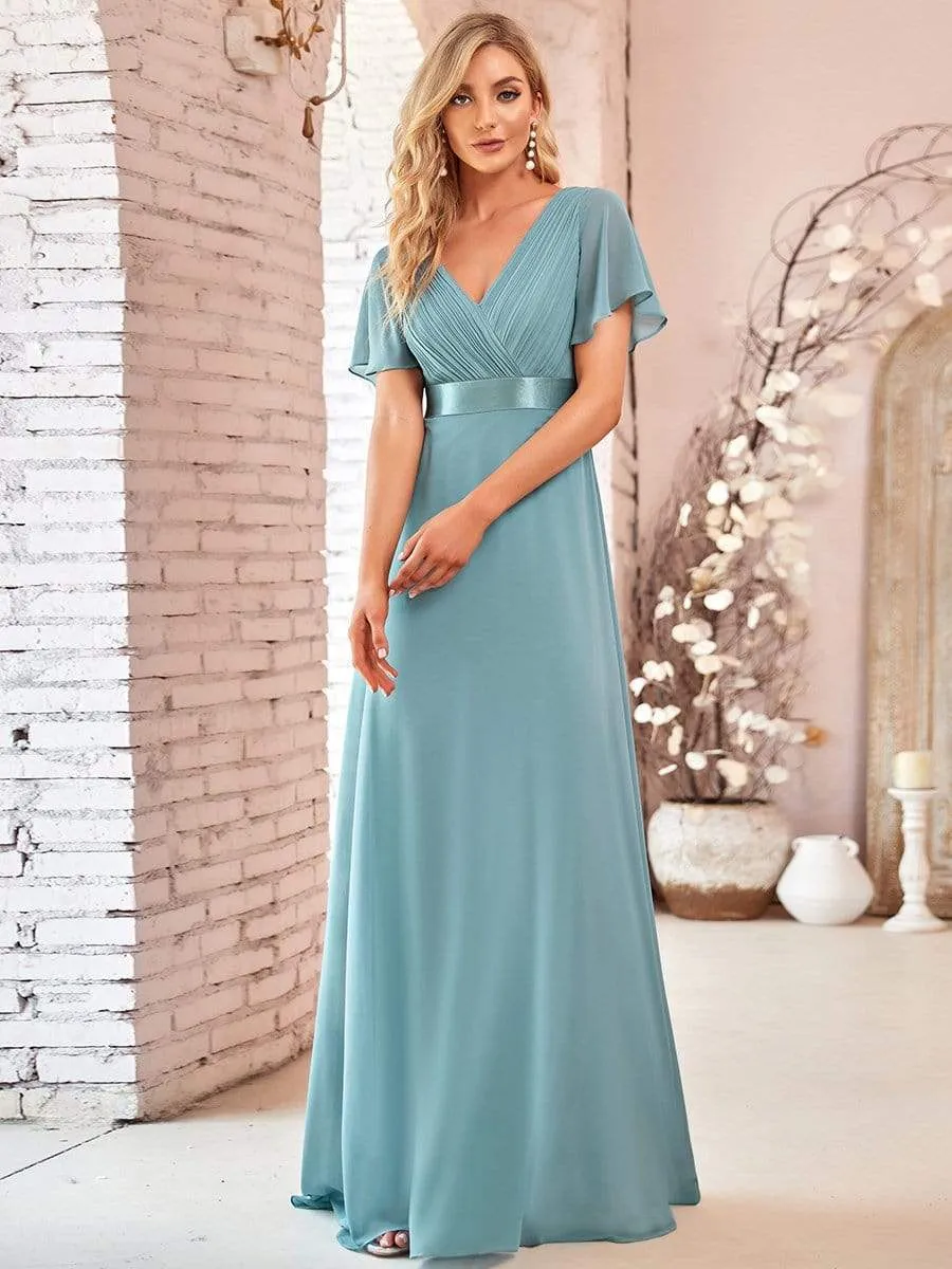 Long Empire Waist Evening Dress with Short Flutter Sleeves