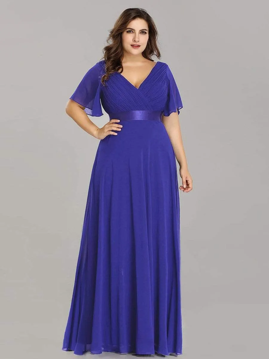 Long Empire Waist Evening Dress with Short Flutter Sleeves