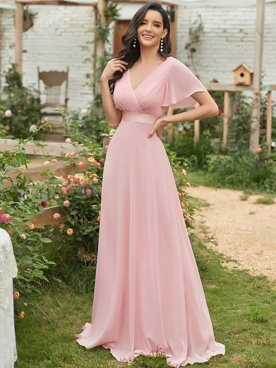 Long Empire Waist Evening Dress with Short Flutter Sleeves