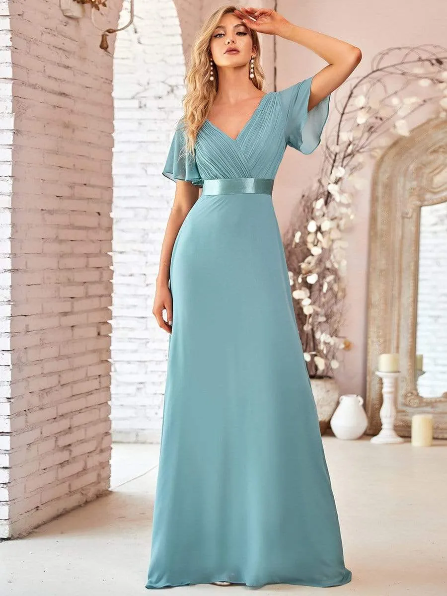 Long Empire Waist Evening Dress with Short Flutter Sleeves