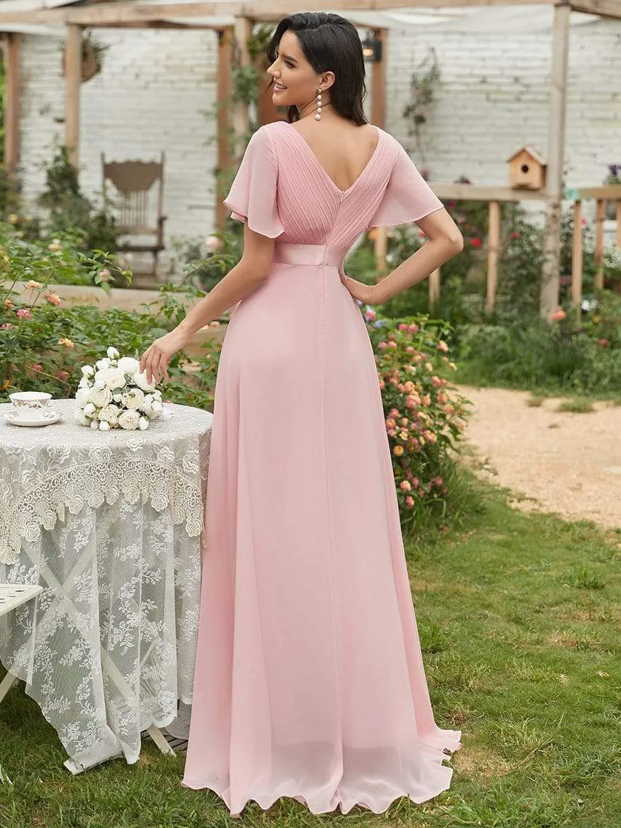 Long Empire Waist Evening Dress with Short Flutter Sleeves