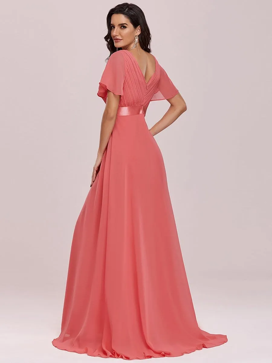 Long Empire Waist Evening Dress with Short Flutter Sleeves