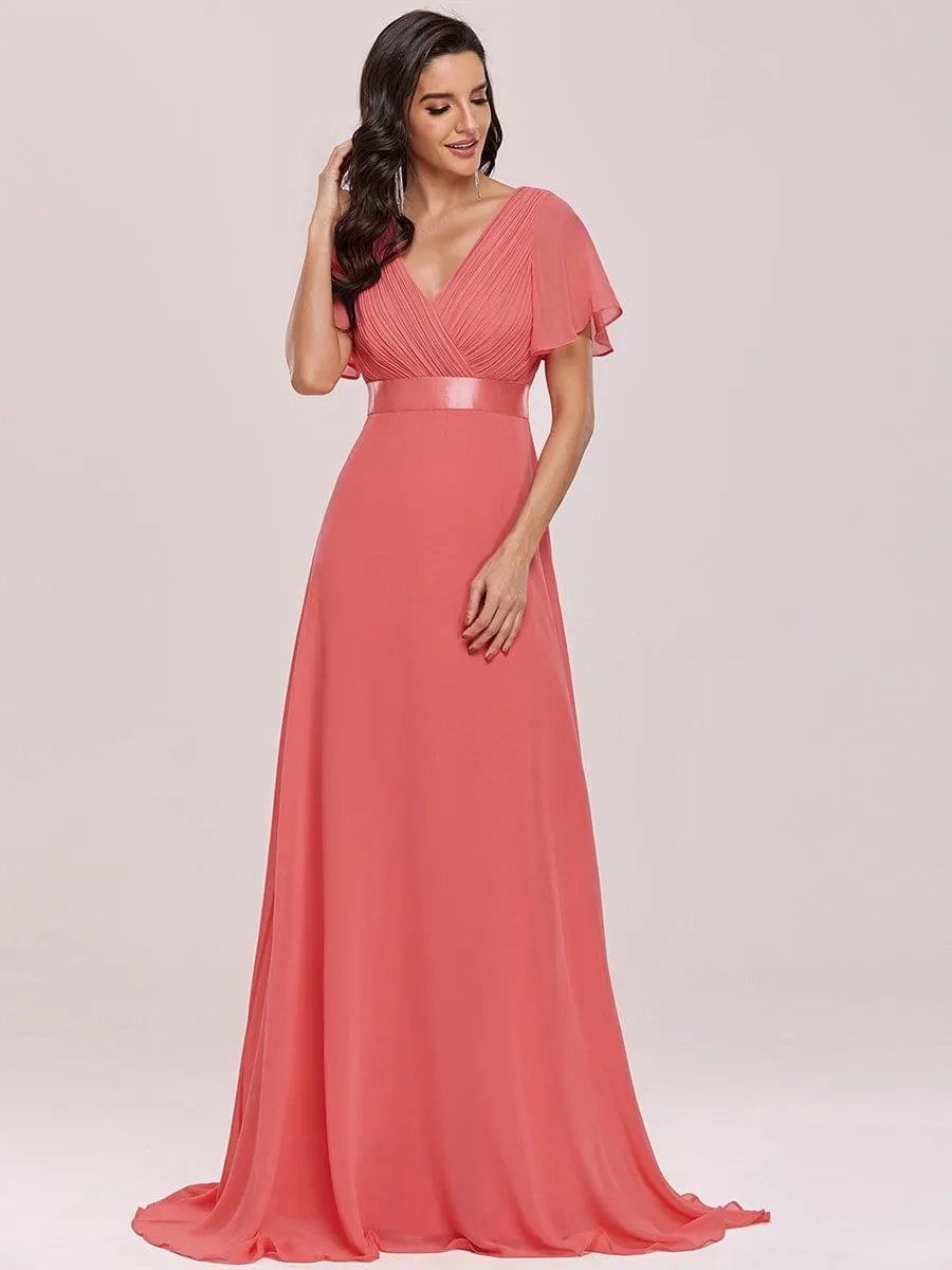 Long Empire Waist Evening Dress with Short Flutter Sleeves