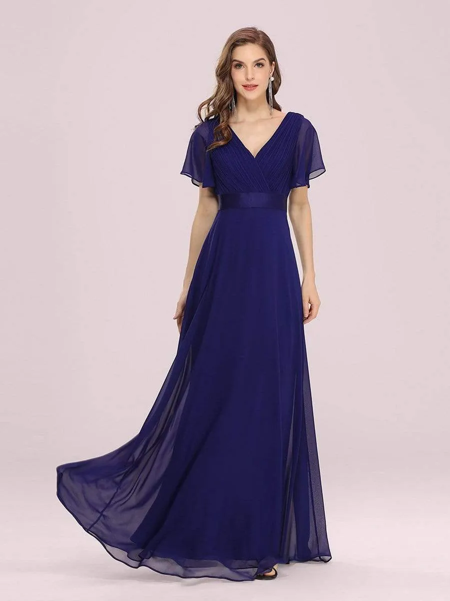 Long Empire Waist Evening Dress with Short Flutter Sleeves