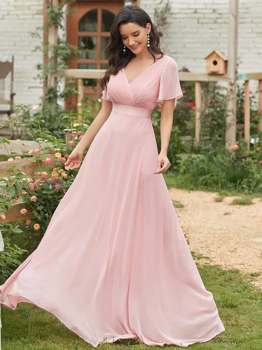 Long Empire Waist Evening Dress with Short Flutter Sleeves