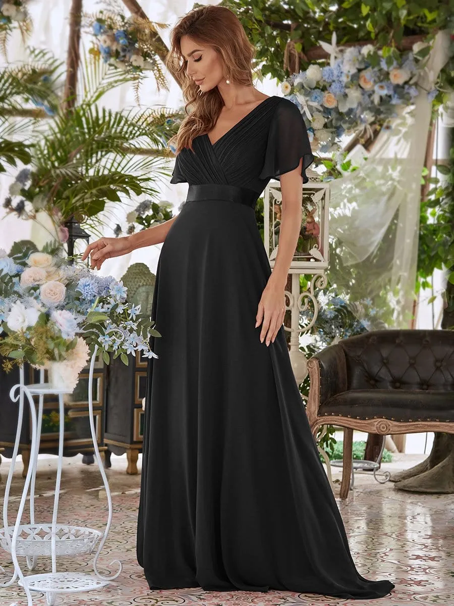 Long Empire Waist Evening Dress with Short Flutter Sleeves