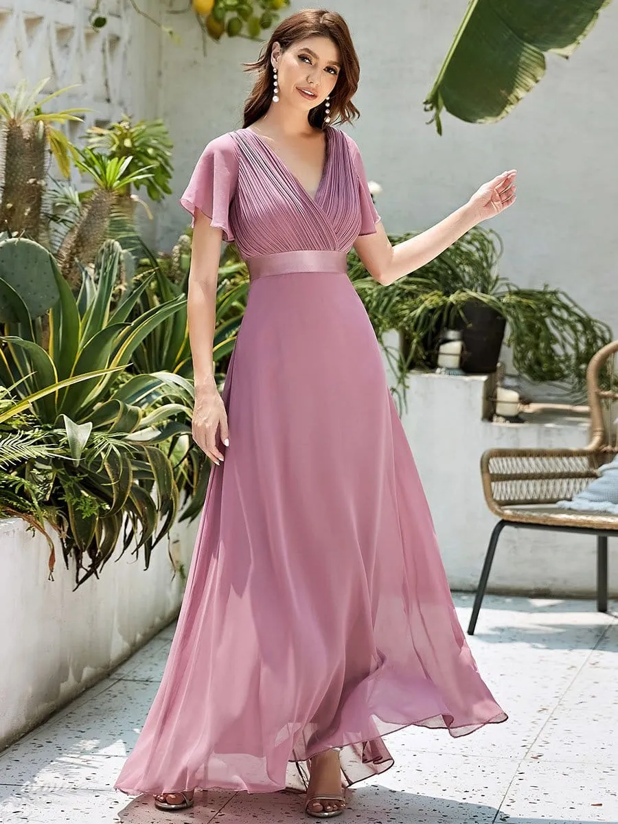 Long Empire Waist Evening Dress with Short Flutter Sleeves