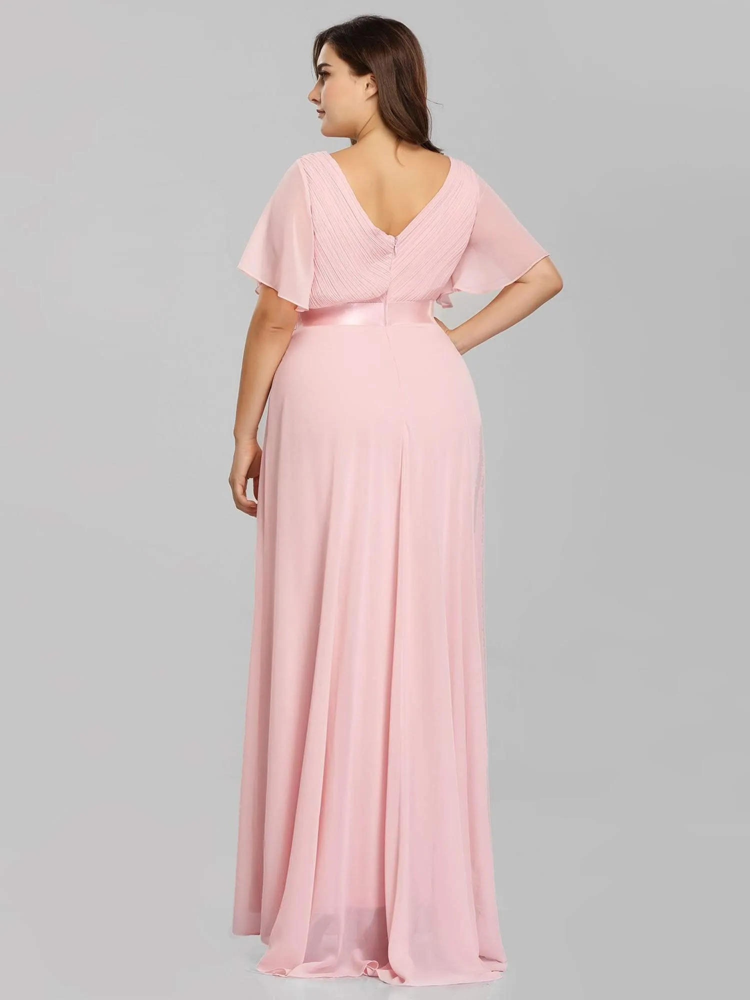 Long Empire Waist Evening Dress with Short Flutter Sleeves