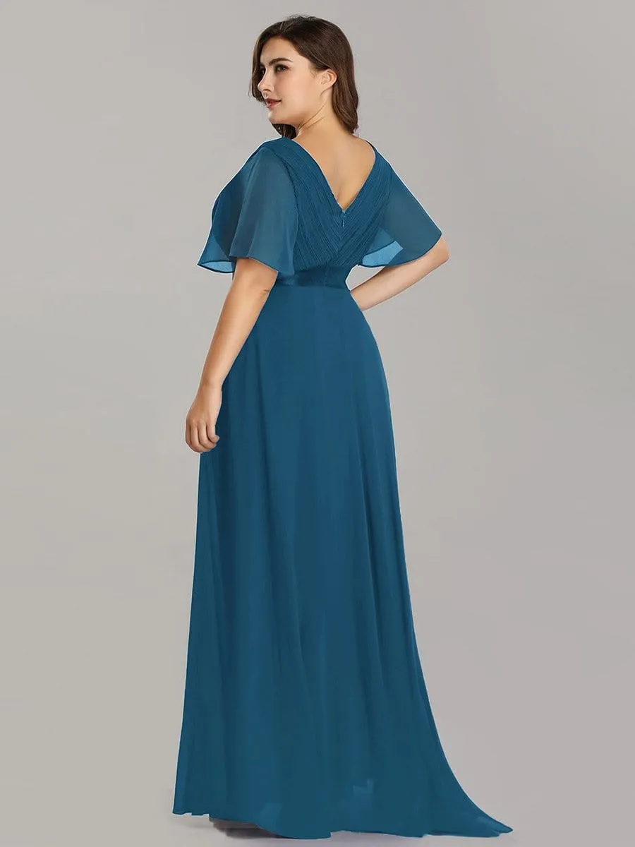 Long Empire Waist Evening Dress with Short Flutter Sleeves