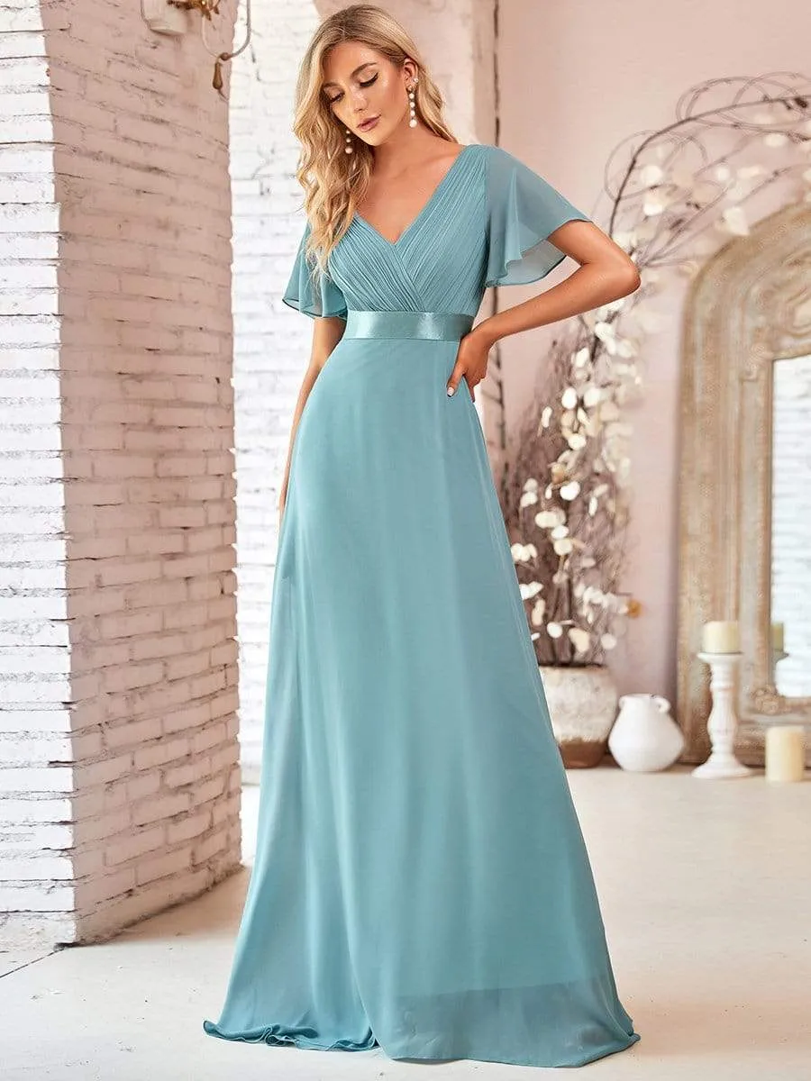 Long Empire Waist Evening Dress with Short Flutter Sleeves