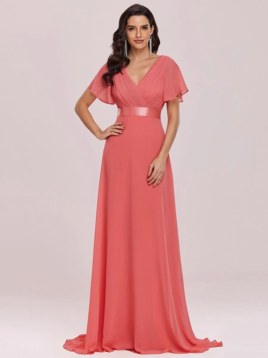 Long Empire Waist Evening Dress with Short Flutter Sleeves