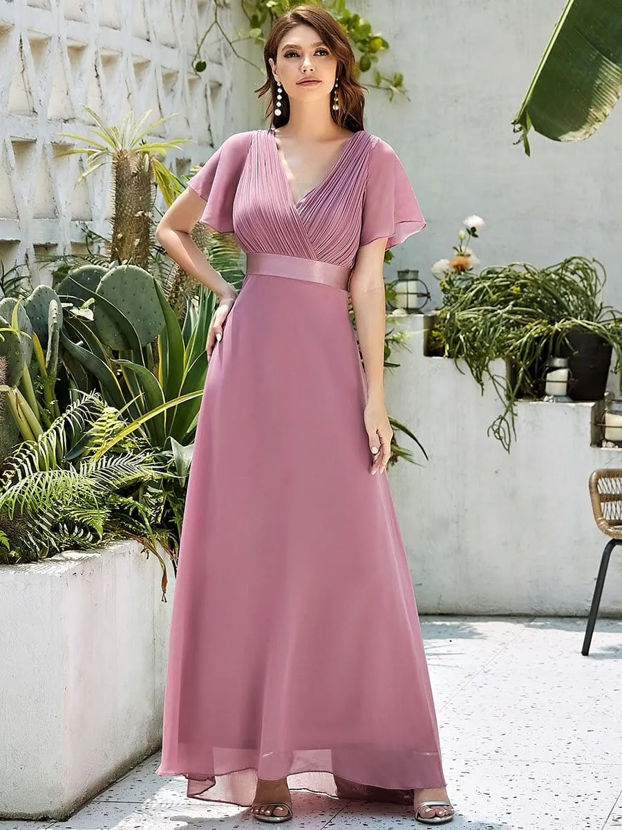 Long Empire Waist Evening Dress with Short Flutter Sleeves