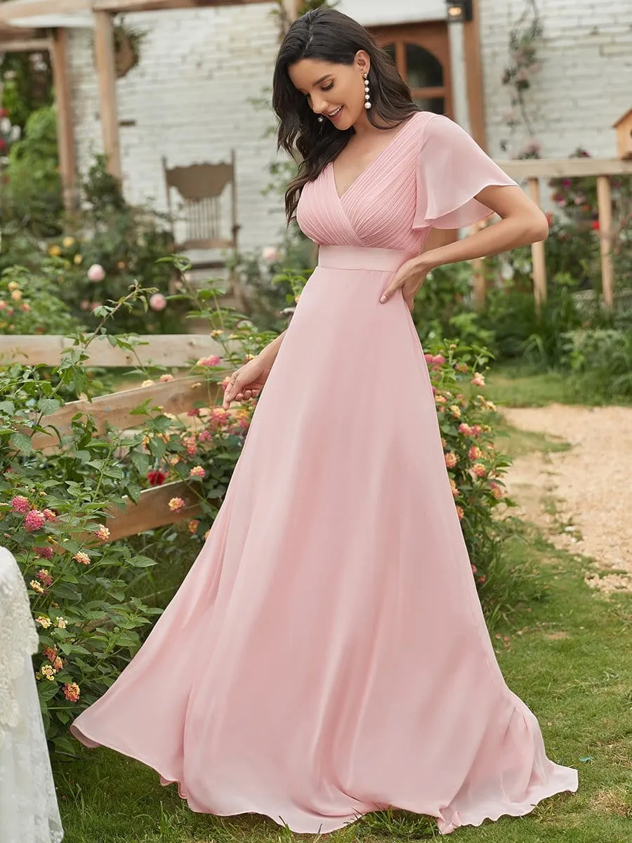 Long Empire Waist Evening Dress with Short Flutter Sleeves