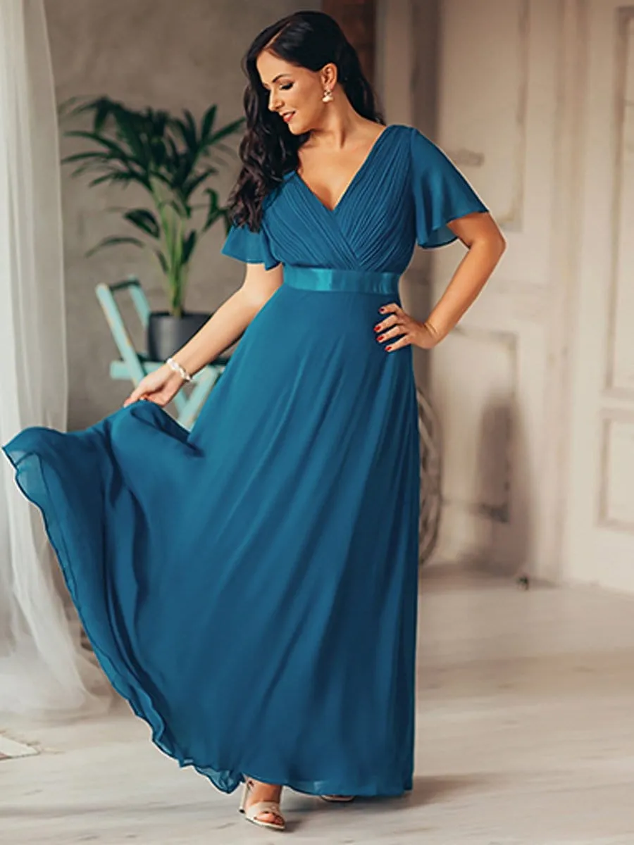 Long Empire Waist Evening Dress with Short Flutter Sleeves