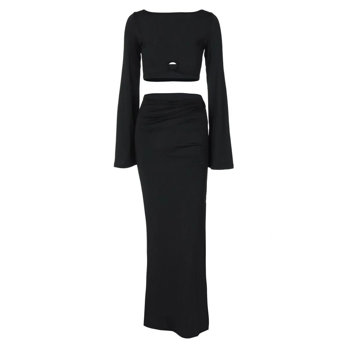 Long flared sleeve slit ruched hollow out maxi skirt set