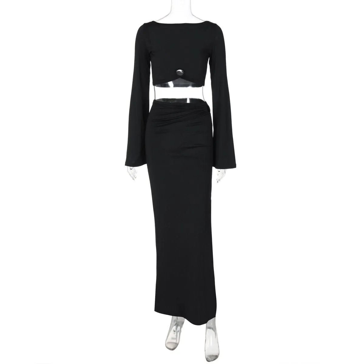 Long flared sleeve slit ruched hollow out maxi skirt set