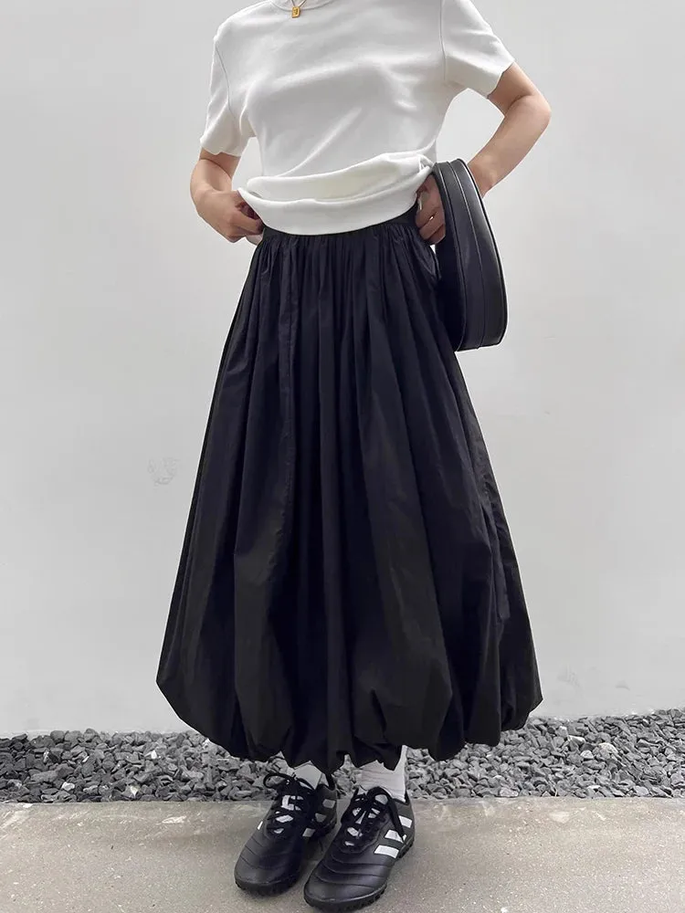 Long Skirt Women Elegant Solid Elastic Waist A-line Vintage Korean Fashion Loose Balloon Maxi Skirt Casual Streetwear