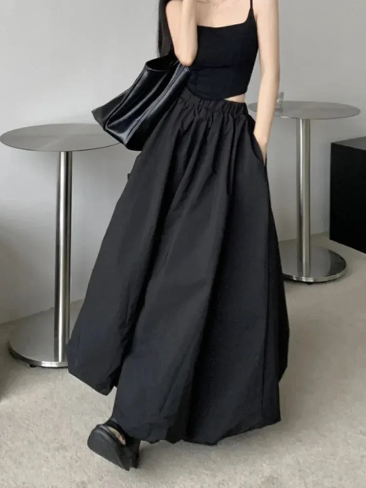 Long Skirt Women Elegant Solid Elastic Waist A-line Vintage Korean Fashion Loose Balloon Maxi Skirt Casual Streetwear