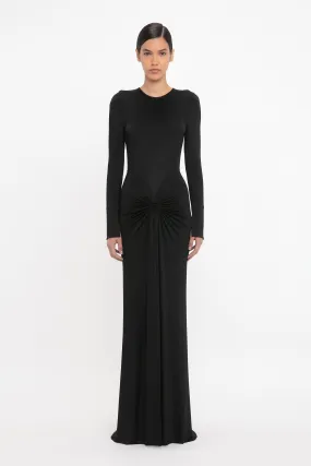 Long Sleeve Gathered Midi Dress In Black