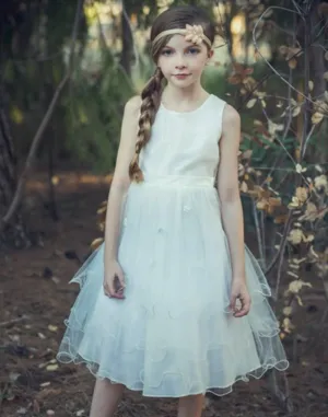 Lovely Ivory Jacquard Bodice and Multi-Tiered Floral Embroidered Tulle Dress - Ivory