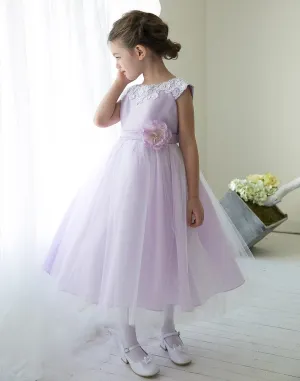 Lustrous Satin and Tulle Dress with Crochet Trim and Flower - Lavender