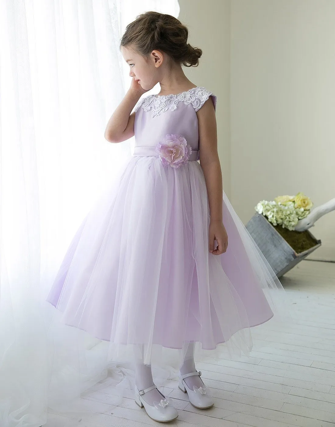 Lustrous Satin and Tulle Dress with Crochet Trim and Flower - Lavender