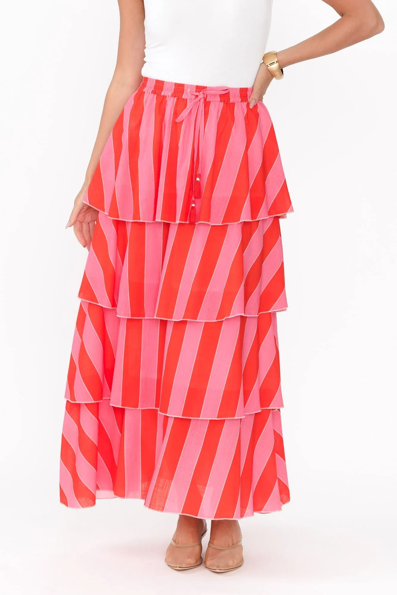 Magritte Pink Stripe Cotton Tiered Skirt